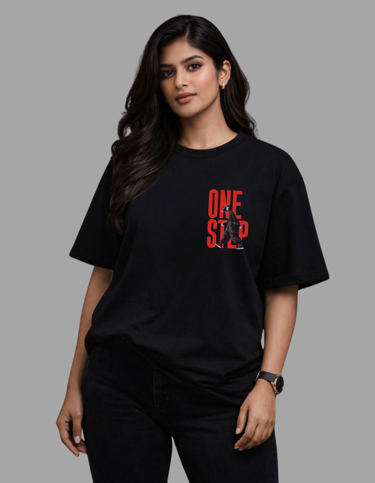 “ONE STEP” Women’s Oversized Tee – Black Edition