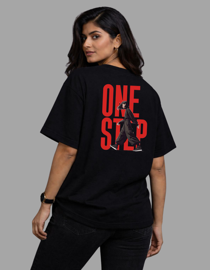 “ONE STEP” Women’s Oversized Tee – Black Edition